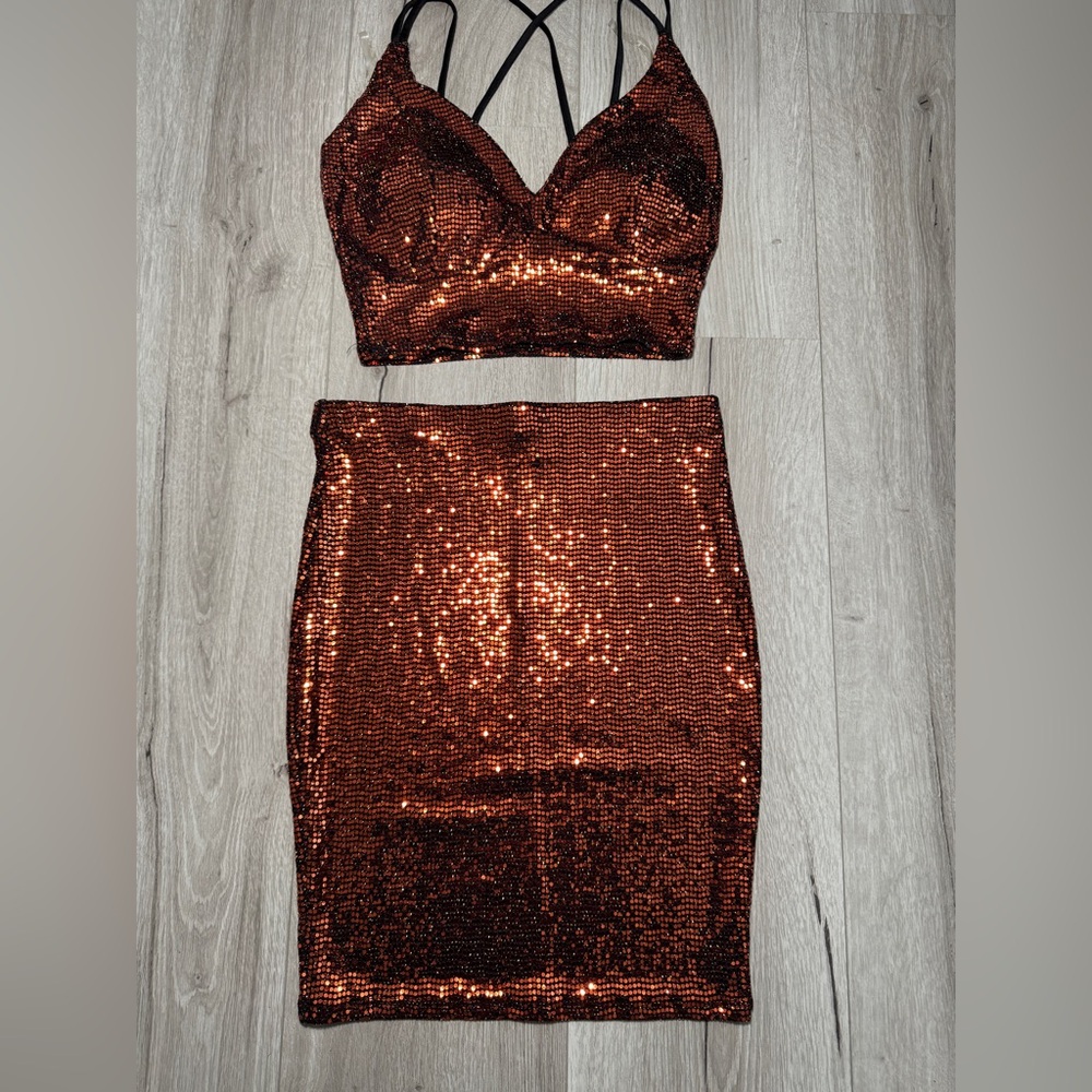 Sabora Copper Sequin Midi Skirt Set